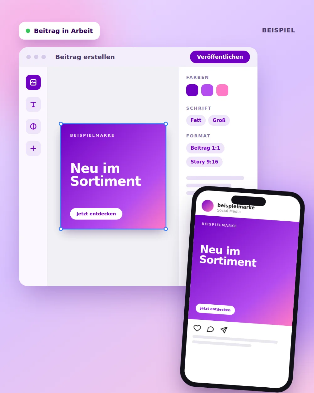 Beispielhafte Darstellung: Ein Instagram-Beitrag wird in einem Design-Programm erstellt und auf dem Smartphone angezeigt